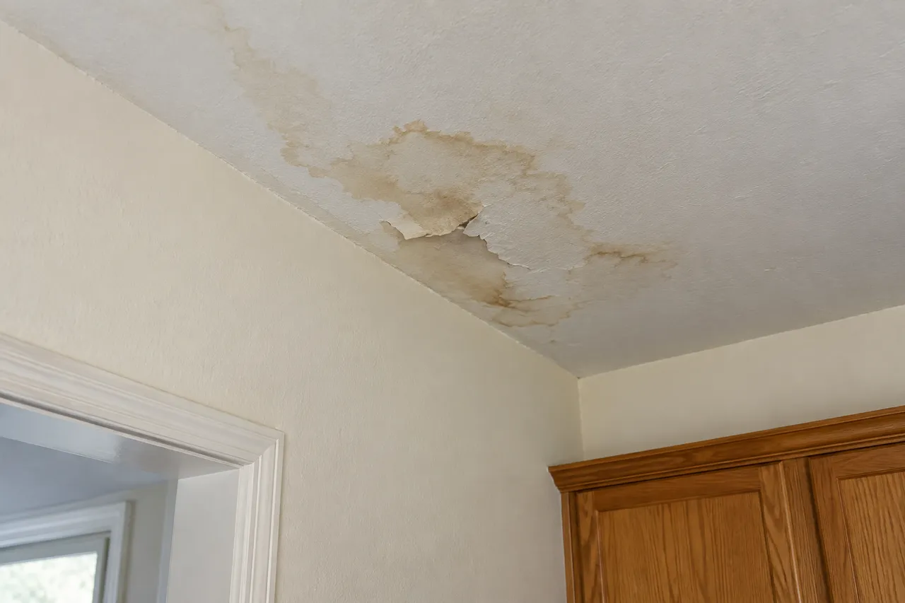 Brown water stain on a white ceiling near a room corner