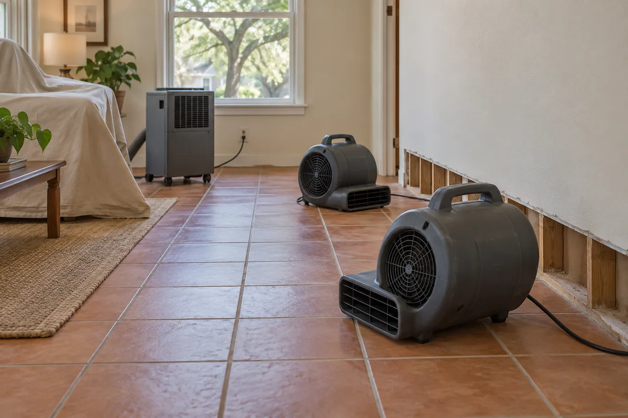 Air movers and a dehumidifier beside an exposed wall edge in a tiled room