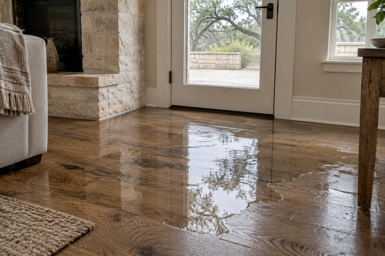 Shallow water on a wood floor beside a limestone fireplace and patio door